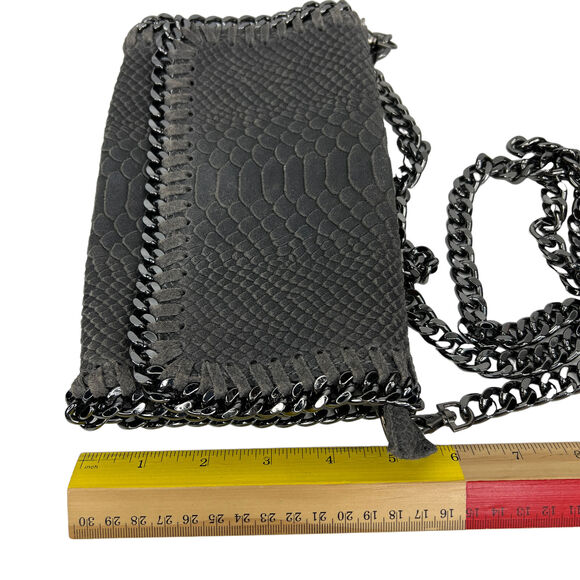 Reptile Crossbody Bag Chain Long Strap Olive Green Gray Leather Italy 8.5 x 5.5 - Picture 7 of 9